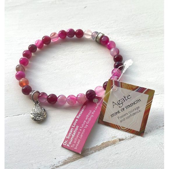cfc Semi-Precious Agate Bright Pink Beaded Bracelet with Silver Tone Lotus Charm - Picture 5 of 5